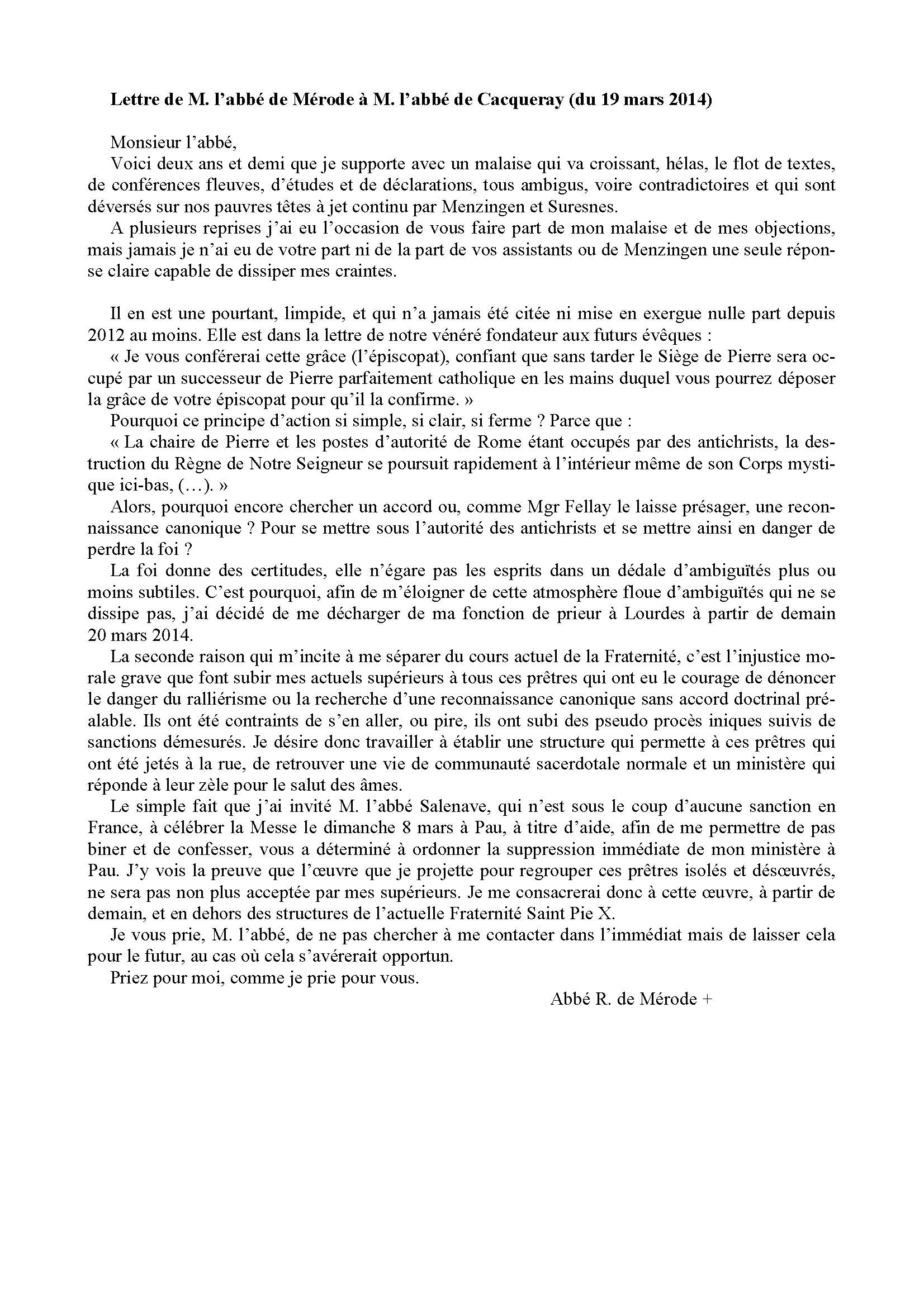 Lettre de M. l’abbé de Mérode à M. l’abbé de Cacqueray